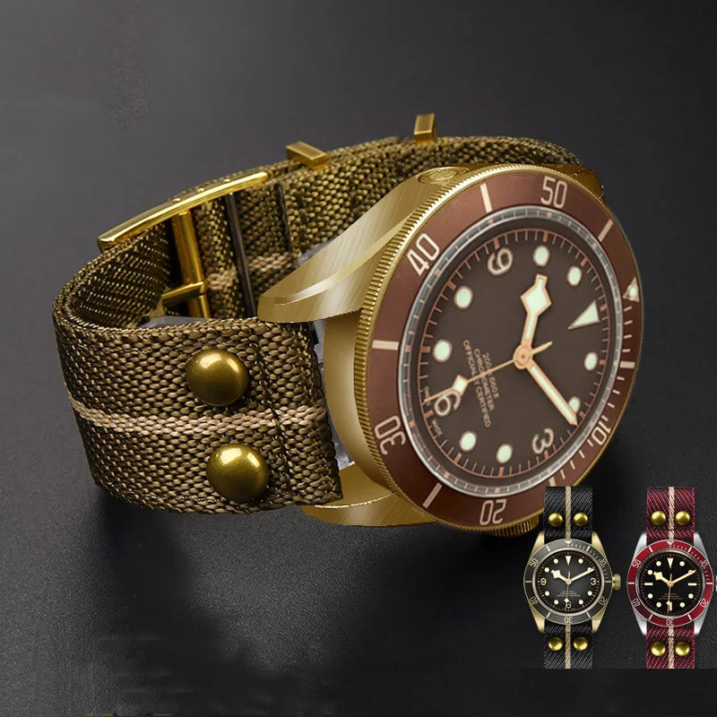 Nato Strap Nylon - スタッキングリベット付きナイロンウォッチバンド,レトロウォッチバンド,ブロンズ,銅,花,防水,ブラックシールド,ゴールド,22mm