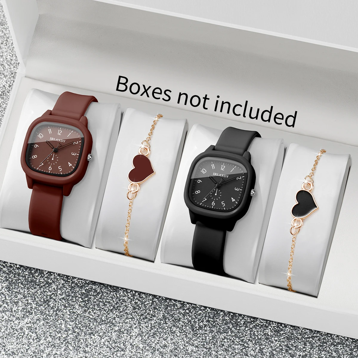 Silicone Band Women - 4点セット ファッション スクエア型 女性用 クォーツ時計 ハート型ブレスレット
