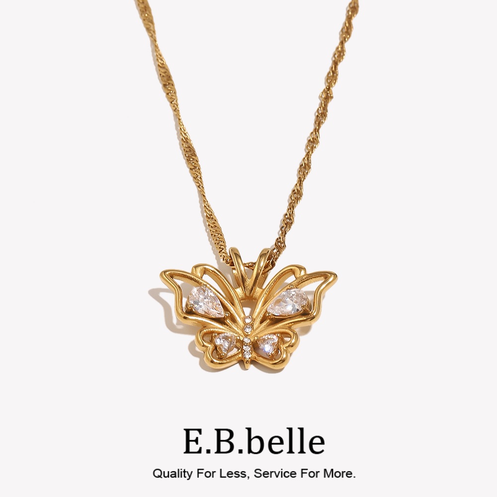 Butterfly Clasp Deployant - E.b. ベルステンレススチールバタフライペンダントネックレス,18k金メッキ,3aジルコニアストーン,高級クリスタルジュエリー