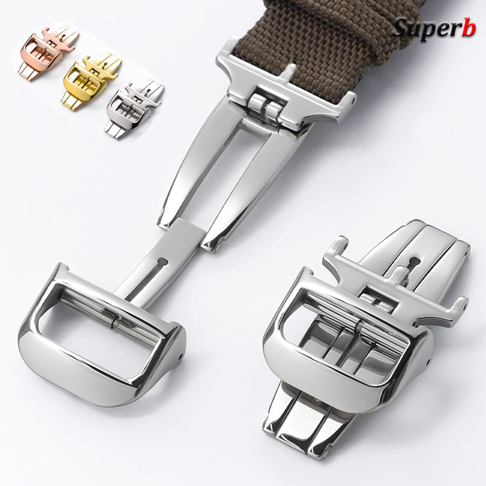 Butterfly Clasp Deployant - 18 ミリメートルジャガー展開バタフライバックル時計クラスプ用シリコン牛革ストラップ折りたたみクラスプボタンシルバーローズゴールドスチール